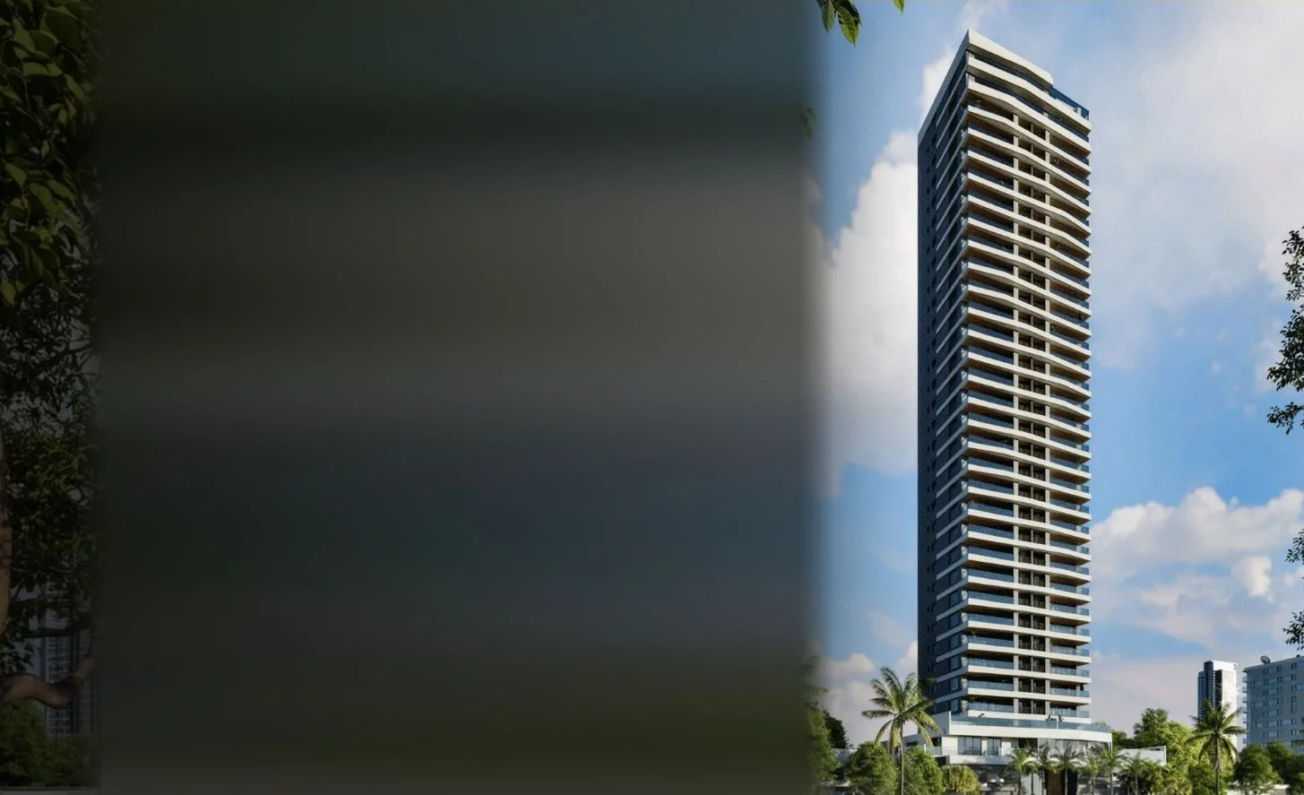 Torre residencial de alto padrão projetada pela Automatize, vista de baixo contra o céu azul